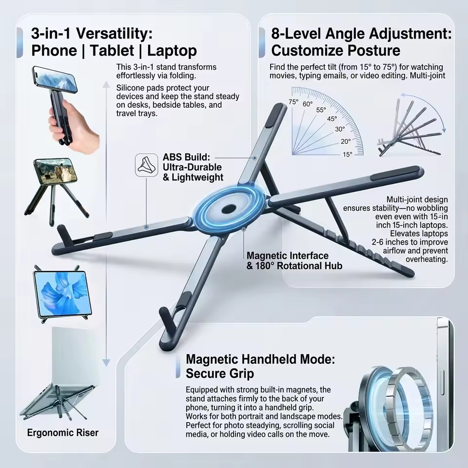 Desk Phone Stand - Tragbarer Magnetischer Handyhalter & Selfie-Stick 3-in-1