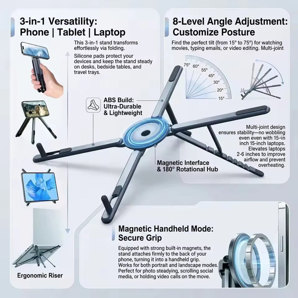 Desk Phone Stand - Tragbarer Magnetischer Handyhalter & Selfie-Stick 3-in-1